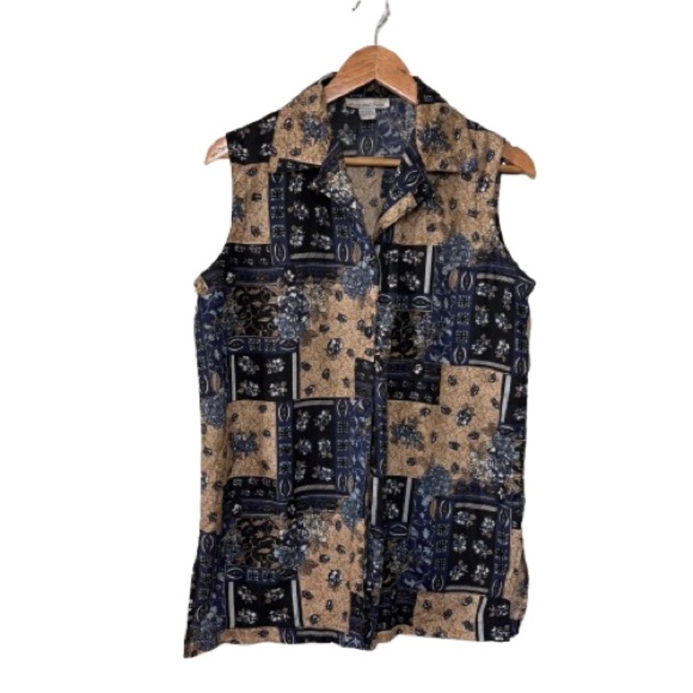 Anna and Frank Navy/Tan 100% Silk Floral Print Patchwork Button Down Blouse L